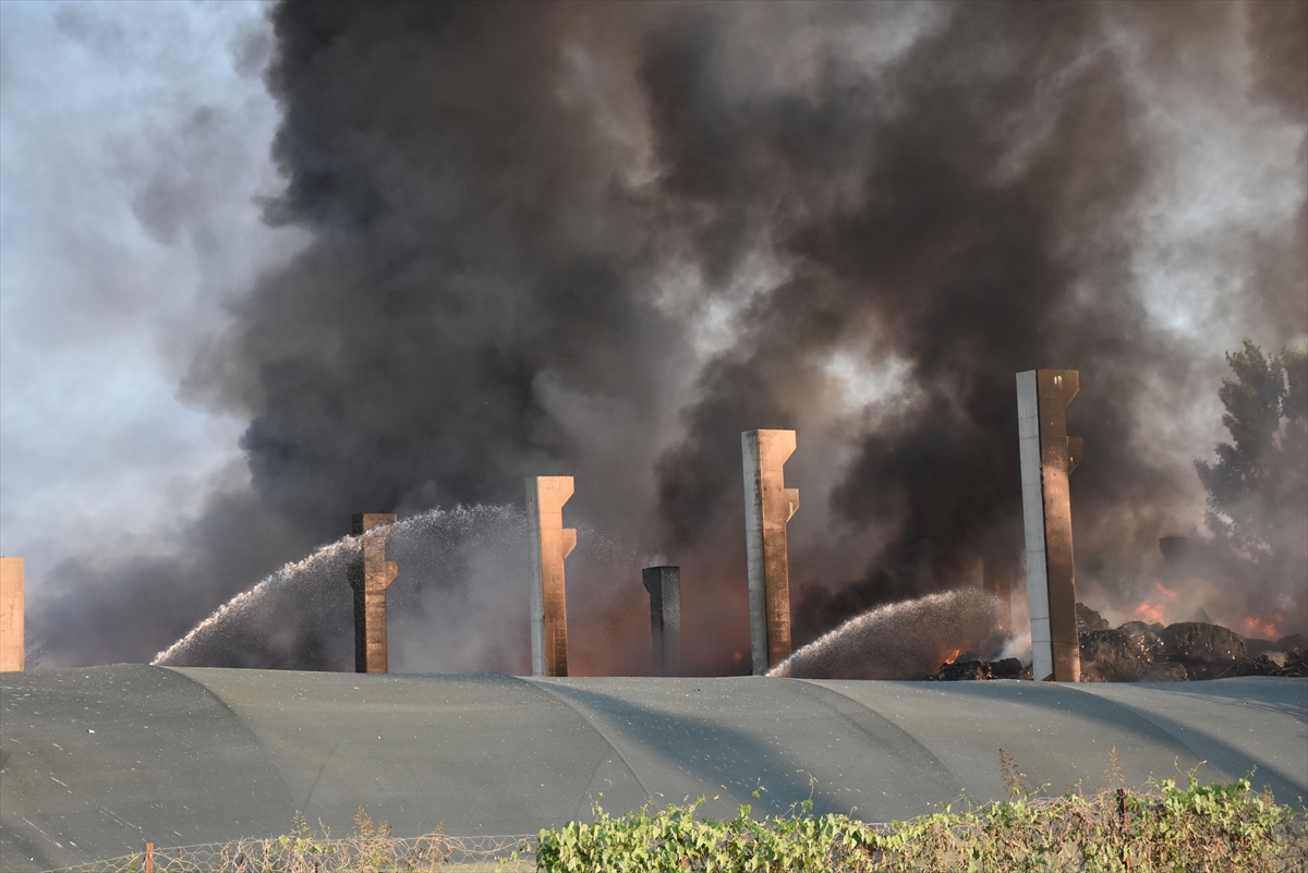 Adana'da geri dönüşüm tesisinin bahçesinde çıkan yangına müdahale ediliyor