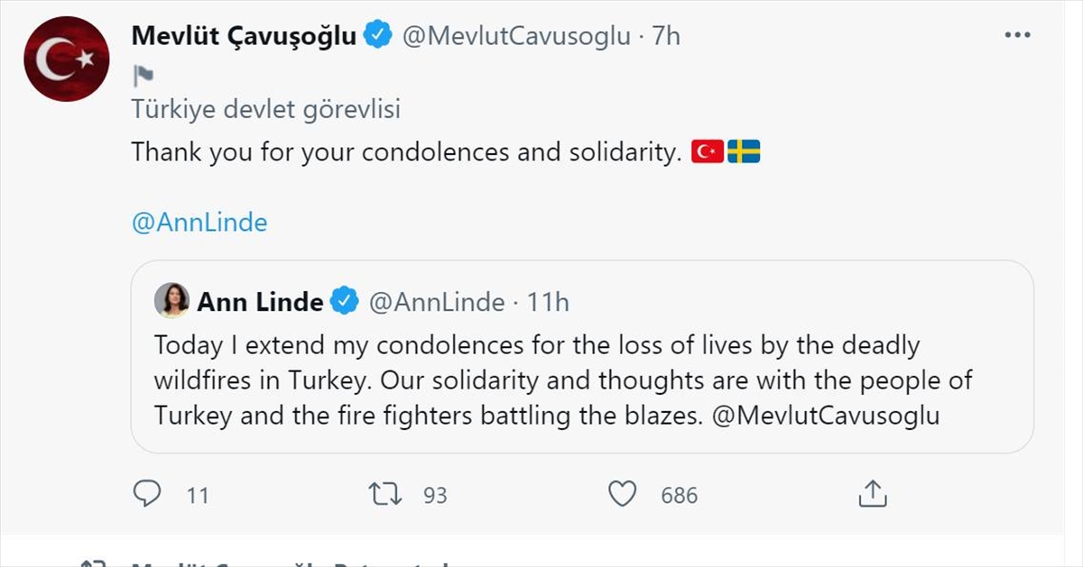 İsveç Dışişleri Bakanı Linde'den Türkiye'ye  orman yangınları için dayanışma ve taziye mesajı